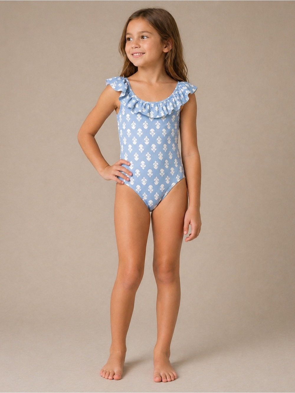 Crewcuts Girls Floral Print Ruffle Low Back One Piece Swimsuit Blue Size 14